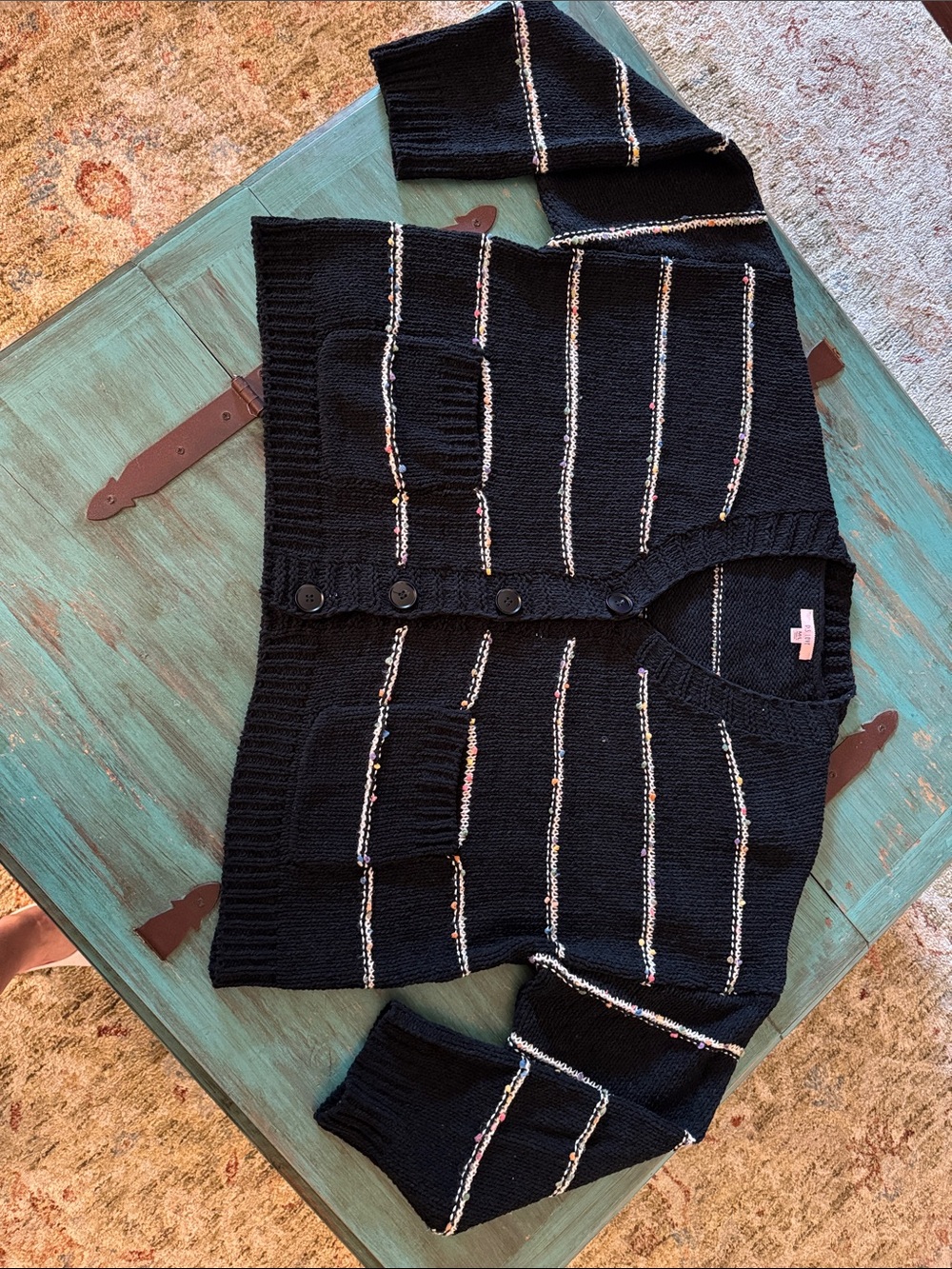 PS Love Size M/L Black Knit Button-Front Cardigan with Contrast Stripe Cropped